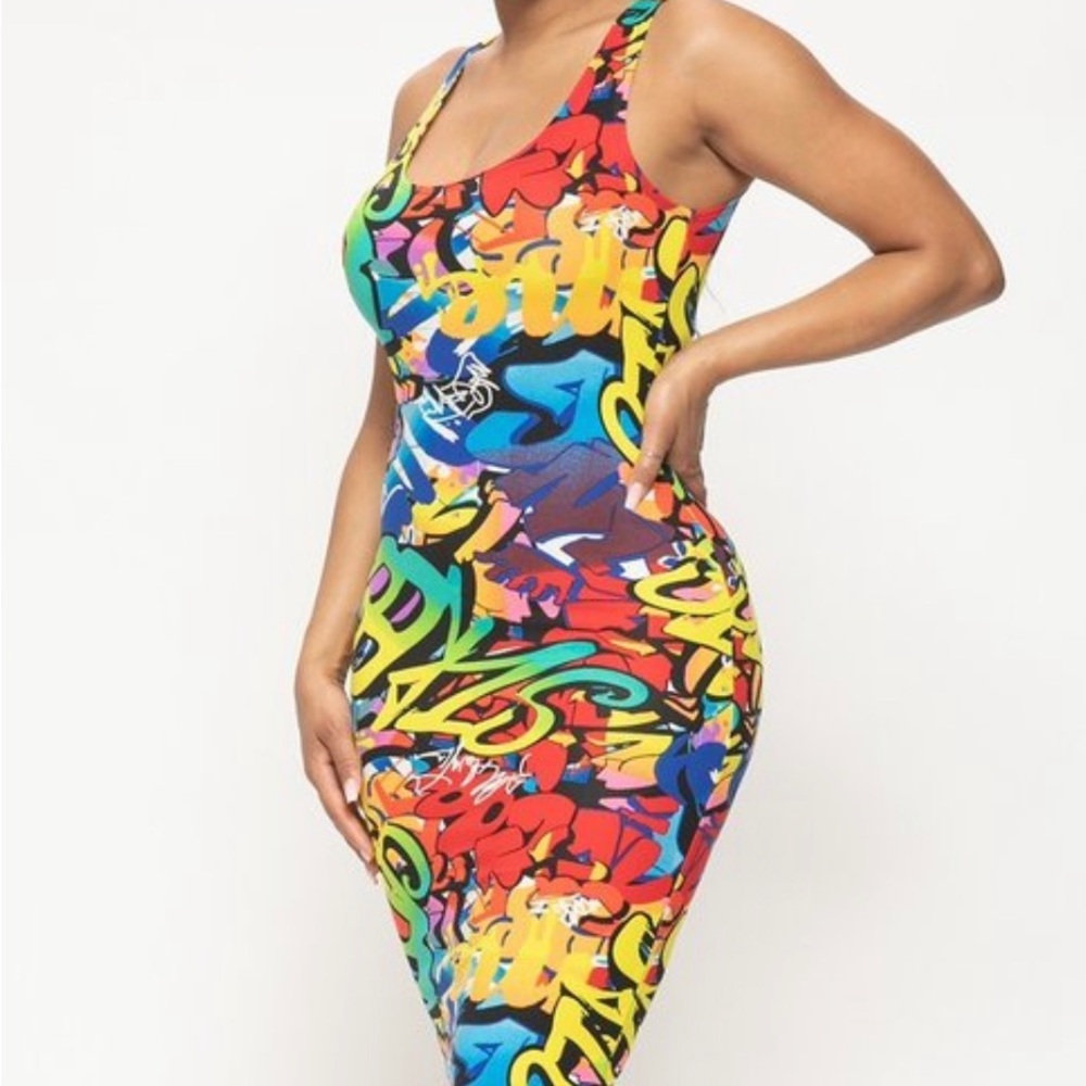NEW TRENDY MULTI COLOR GRAFFITI TANK TOP BODYCON MIDI DRESS - Picture 3 of 14